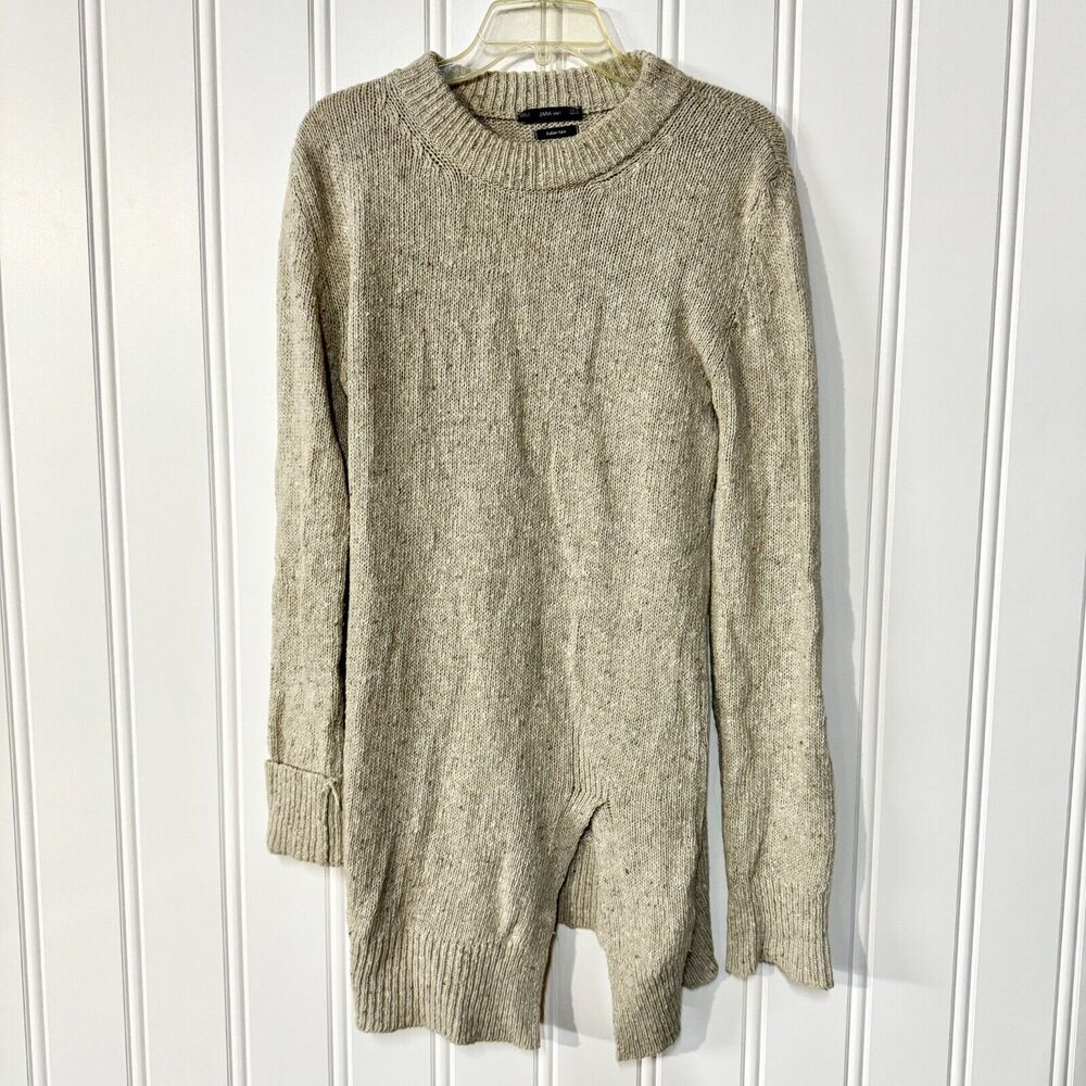 ZARA Dress Women‎ Size L Cable Knit Crewneck Long Sleeve Slit Front Italian yarn